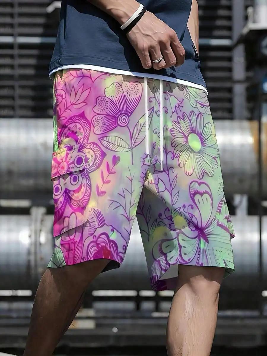

Mens Cargo Shorts With Purple Green Floral Butterfly Print, Loose Fit, Quick Dry Breathable Polyester