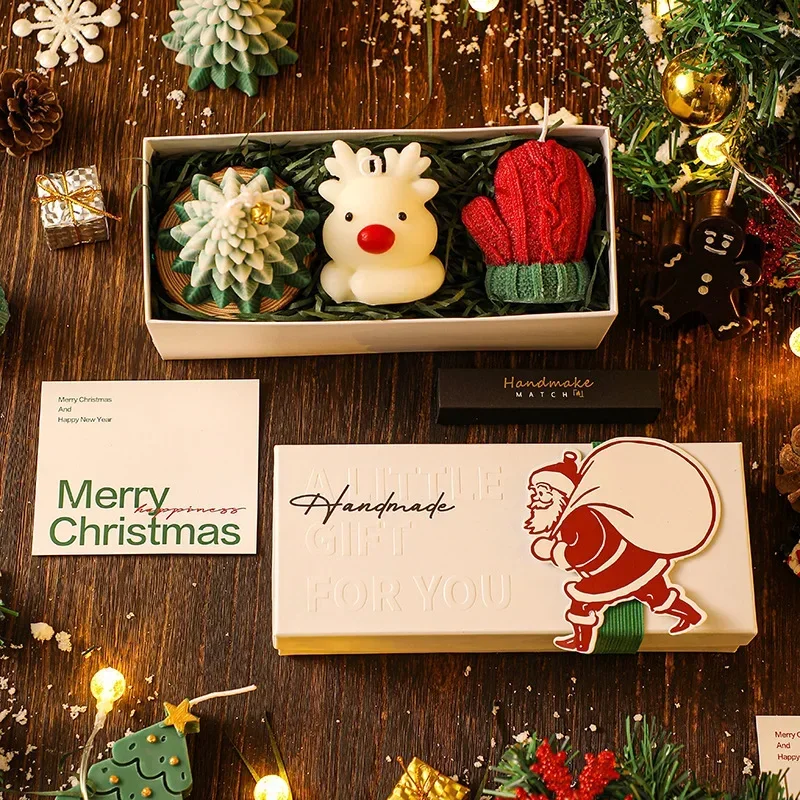Creative 3-piece Christmas Handmade Scented Candle Gift Set. Green Christmas Tree, White Deer. Ginger Candy Man. Green Gloves.
