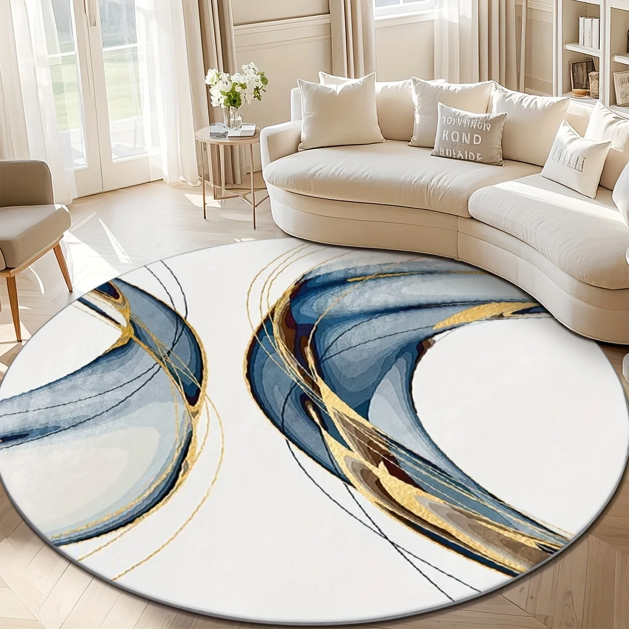 Modern Abstract Blue Gold Marble Swirl Round Rug  Fluid Ink Circular Mat Non Slip Soft Floor Carpet Living Room Sofa Decor