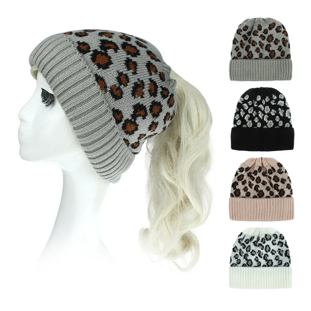 2023 New Fashion leopard women winter hats outdoor warm wool knitted hat soft elastic ladies ponytail beanie caps for ladies