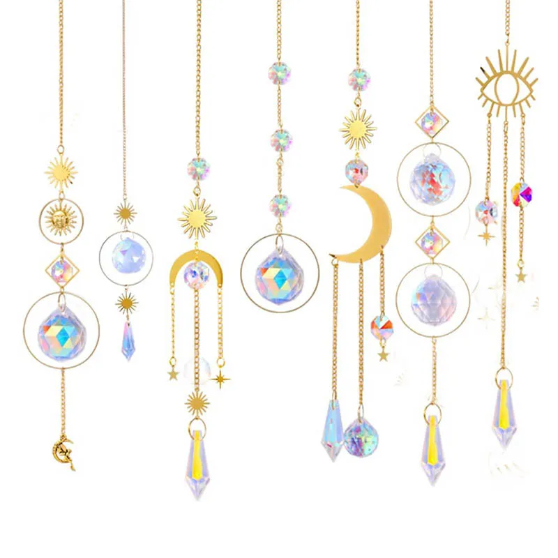 6PCS Moon Crystal Suncatcher Rainbow Maker Hanging Prism Ornament Pendant Home Garden Decor Car Decor Crystal Wind Chime Pendant