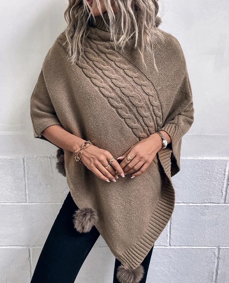 

Women's Cape Shawl Coat Solid Color Twisted Lapel High Neck Pullover Bat Sleeve Knitted Sweater Woolen Ball Design Shawl Top