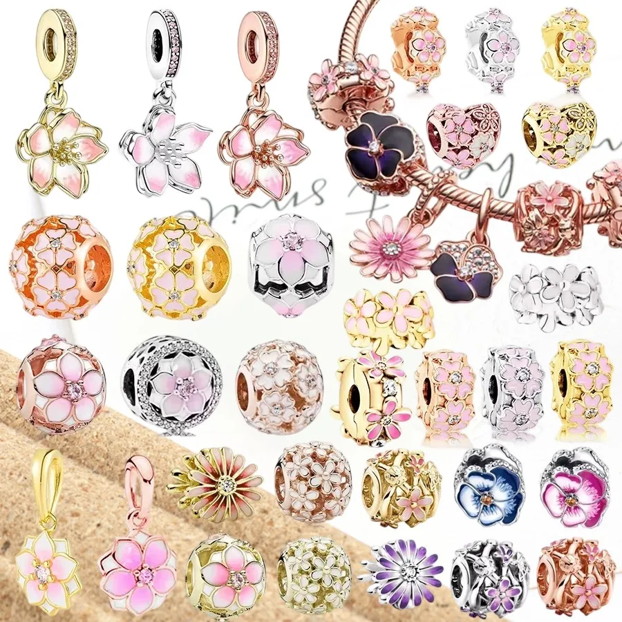 

Новинка 2025 года, изготовление розовых цветов ромашки своими руками, висячие бусины с цветком вишни, хит продаж, модные ювелирные изделия, подходят для оригинального серебряного браслета