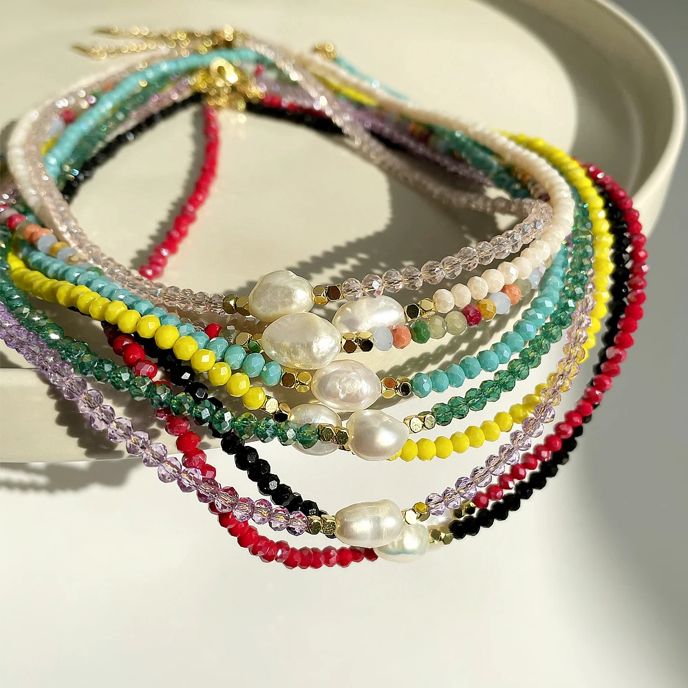 Bohemian Style Colorful Glass Bead Necklace With Baroque Freshwater Pearl Perfect For Beach Bonfire Parties And Everyday Wear.