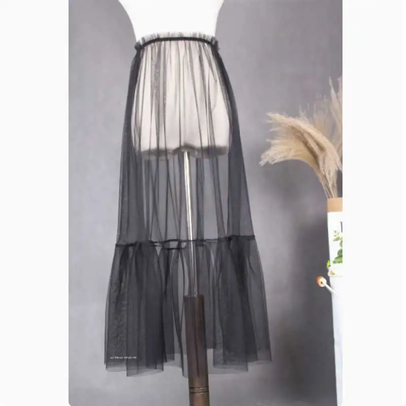 Women Korean Fashion Mesh Transparent Tulle Skirt Ladies Summer Black White Elastic High Waist Cover Up Midi Skirt