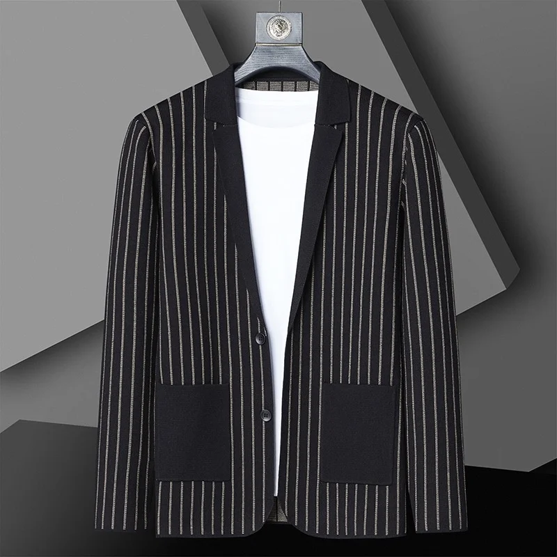 suit High grade collar knitted coat for men's spring and autumn new style stripe handsome cardigan sweater trend casual coat