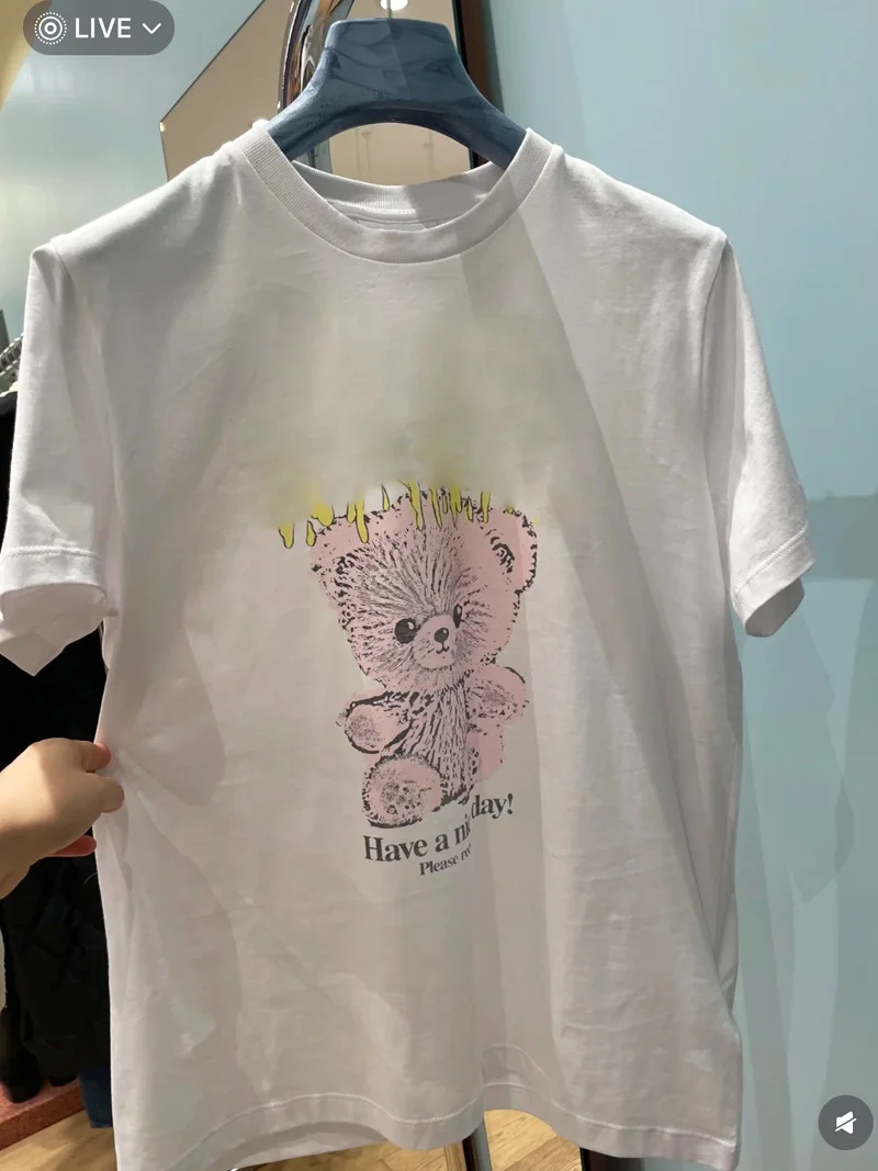 

HEIDD GAN2025 Spring Summer Cartoon Bear Print White round Ne ort Sve T-irt Korean Sle Loose Fit Cotton Knitted