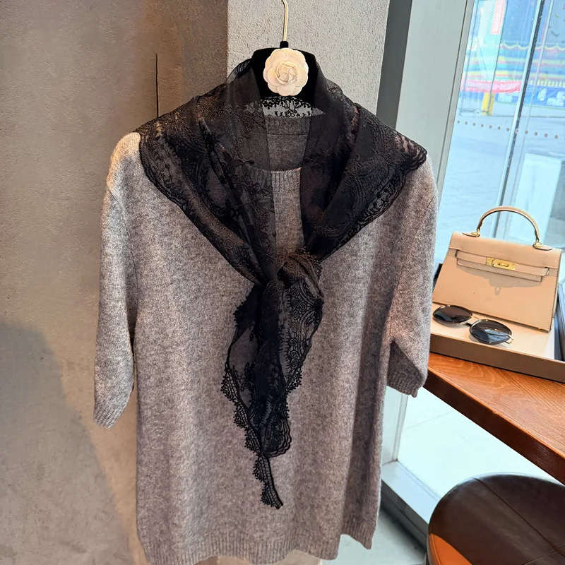 Lace Lace Solid Color Triangular Scarf Women's Small Rounded Corners Versatile Small Scarf Wrist Small Silk Scarf