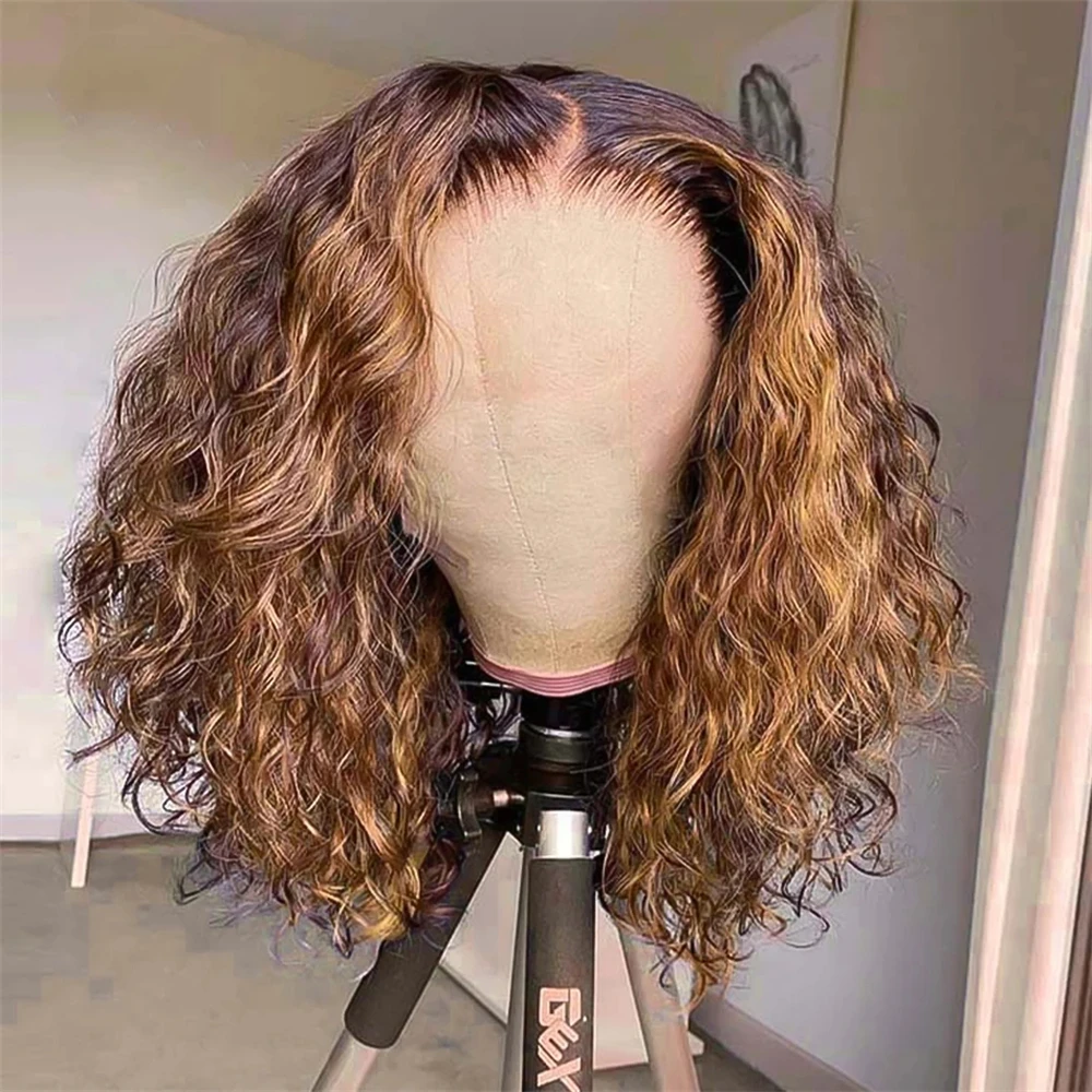Highlight Bob 100 % Echthaar-Perücken, Wasserwelle, 13 x 4 HD-Spitzenfront-Bob-Perücken, tiefe Welle, Echthaar-Spitzenfront-Perücke, Ombre-Blond-Bob