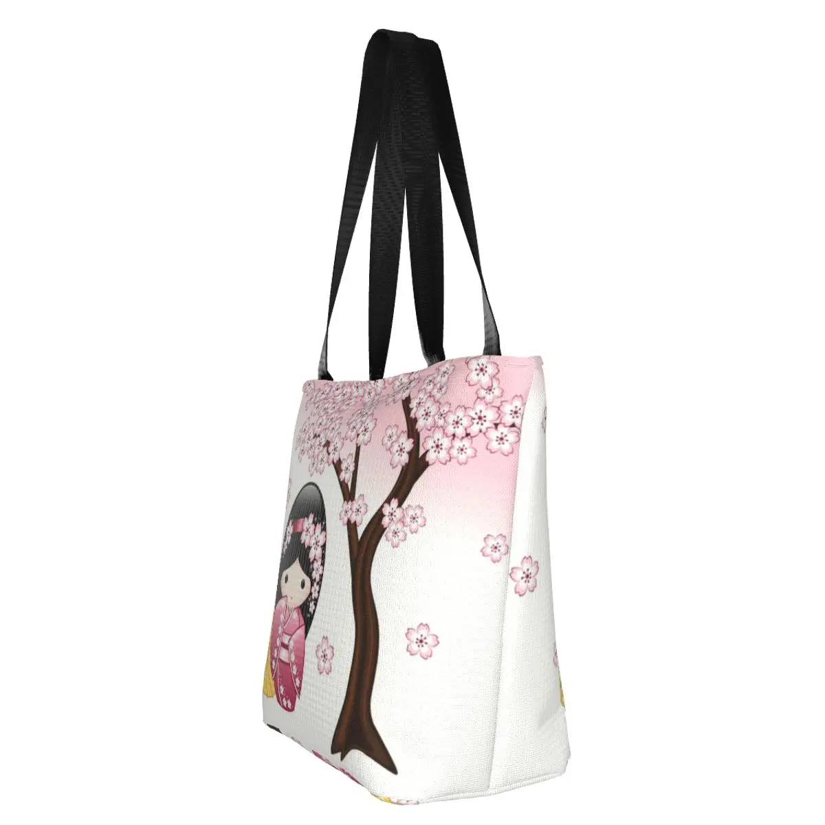 Custom Japanese Spring Kokeshi Doll Shopping Bag Women Shoulder Canvas Tote Bag Durable Sakura Cherry Groceries Shopper Bags