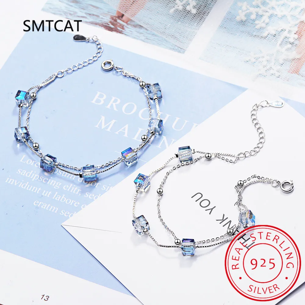 

Square Natural Blue Topaz 925 Sterling Silver Double Layer Bead Chain Cube Bracelet for Women Statement Gemstone Wedding Jewelry