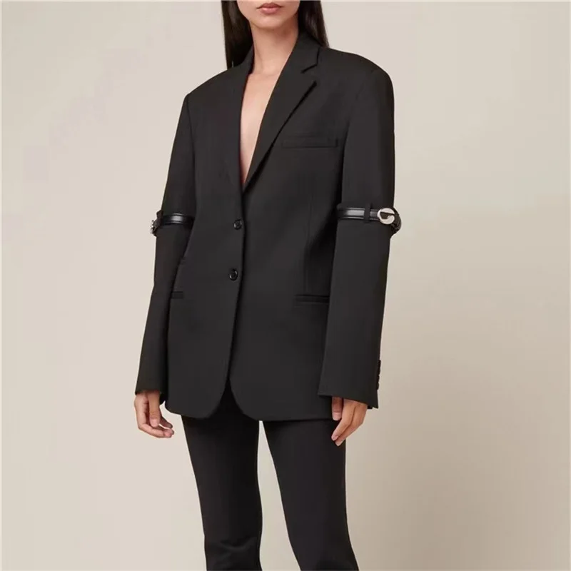 Fivela de cinto para mulheres Conjunto de ternos pretos, jaqueta, calça flare, blazer, calças elásticas na cintura, alta costura, 2 peças