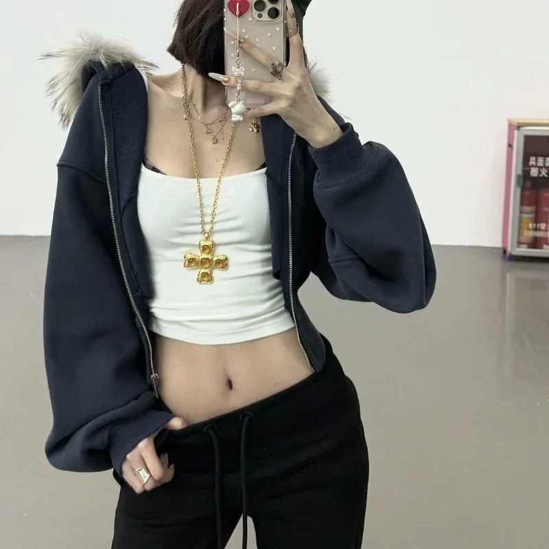 

Deeptown Vintage Faur Collar Women Cropped Zipper Hoodies American Style Hooded Sweatshirts Slim Solid Color Hiphop Warm Thicked