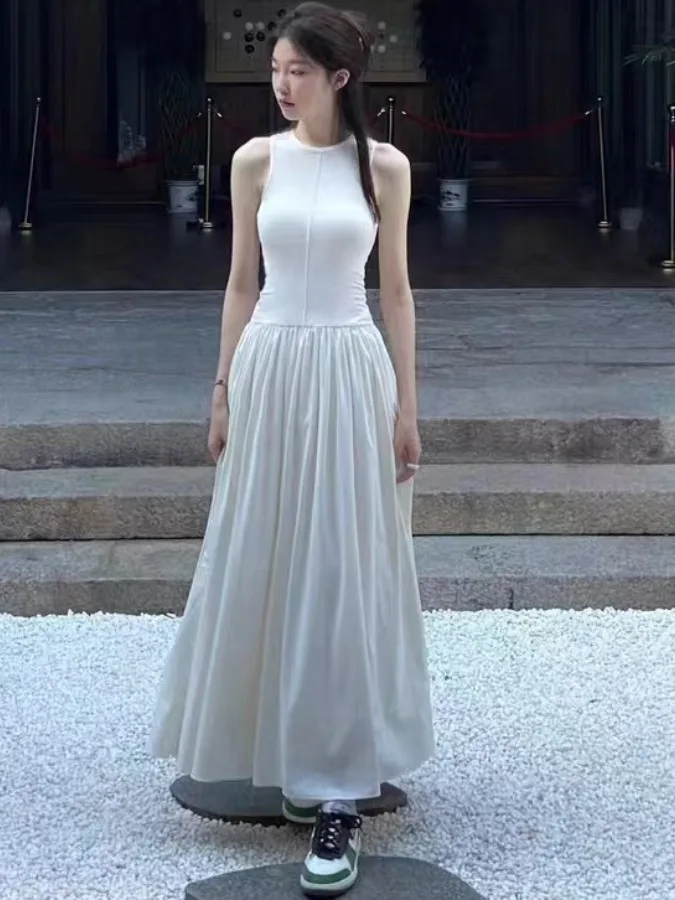 

Chic Summer Women's Long Vest Dr round Ne Splice Folded Sense Slim Fit High End Feeling Faionable Casual Sle Clothing