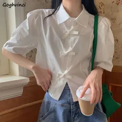 Shirts Women Sweet Summer Bow Solid Korean Style Y2k Crop Tops Fashion Ins Preppy Girl Puff Sleeve Hotsweet Casual Camisas Mujer