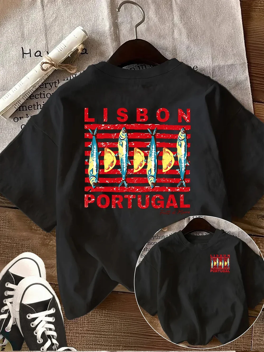 Lisbon Portugal Sardine Graphic Tee Vintage Souvenir Style Short Sleeve Crew Neck Casual Top Streetwear for Men Women