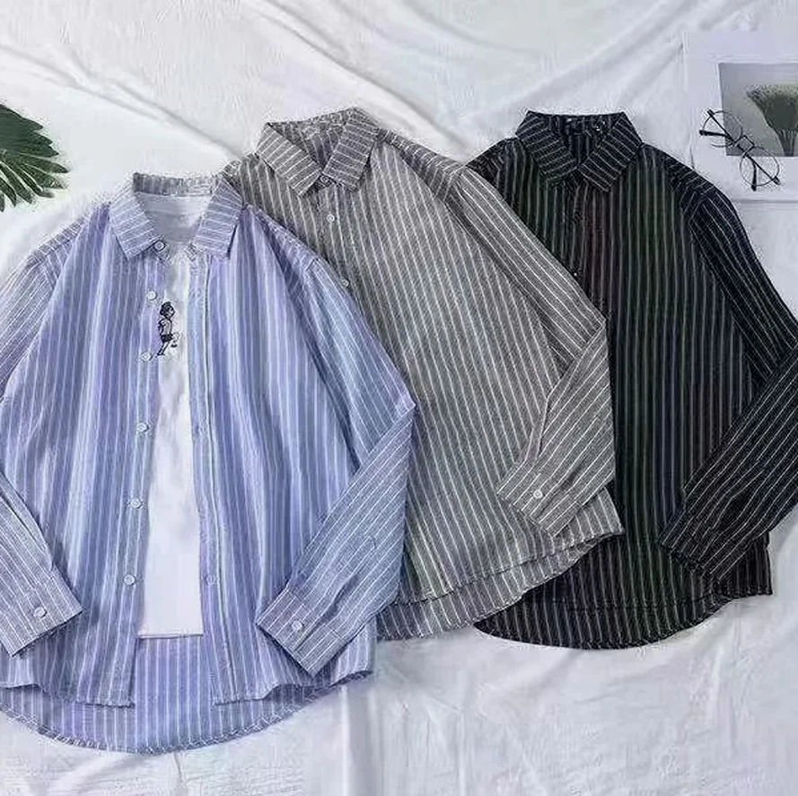 

Мужская свободная рубашка с длинным рукавом в полоску, в корейском стиле, повседневная, модная, черная, молодежная, летняя, с принтом, не требует глажки