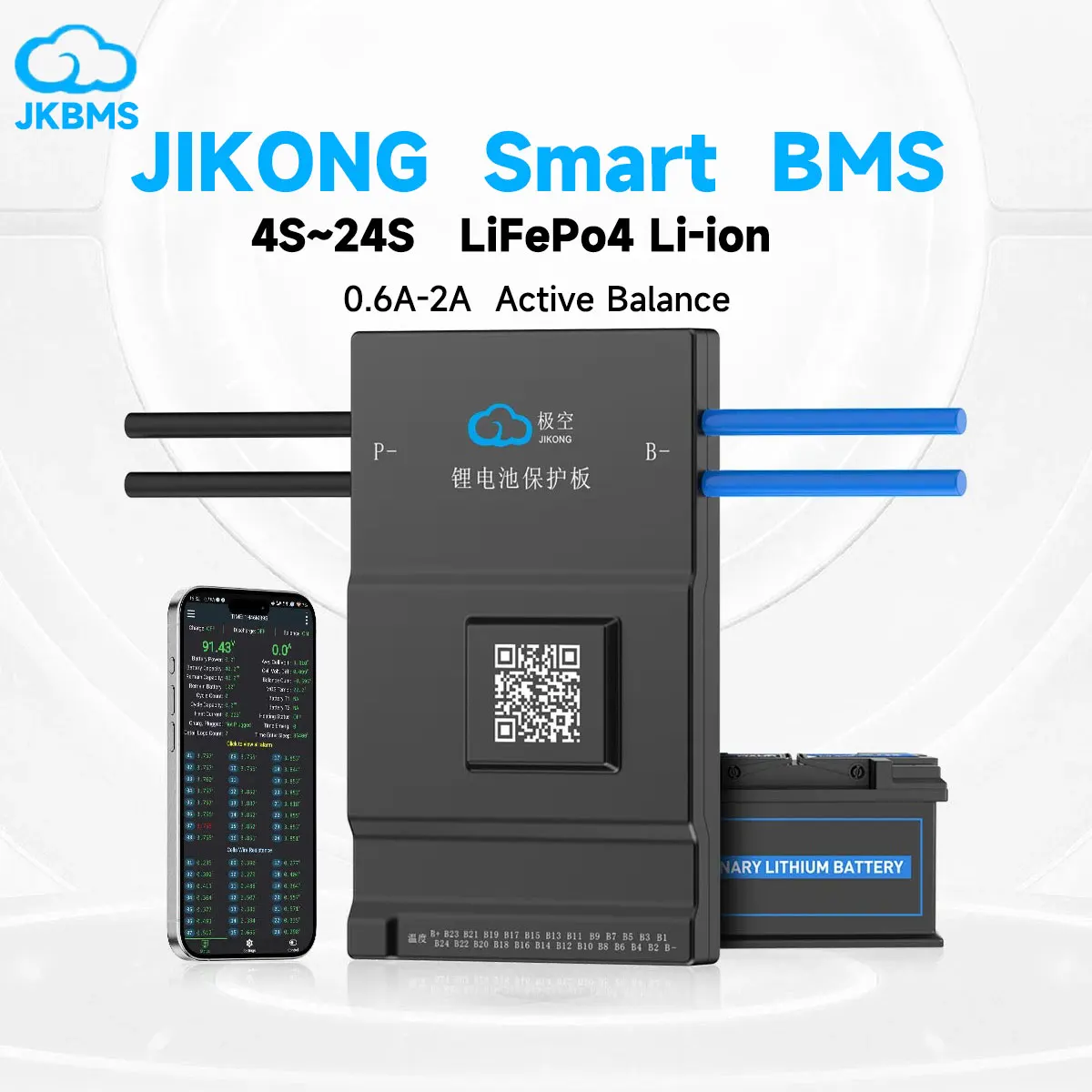 jkbms-16s-48v-smart-bms-8s-24v-lifepo4-li-ion-20s-24s-sistema-di-gestione-batteria-1a-2a-bilanciamento-attivo-uart-rs485-jikong-smart-bms