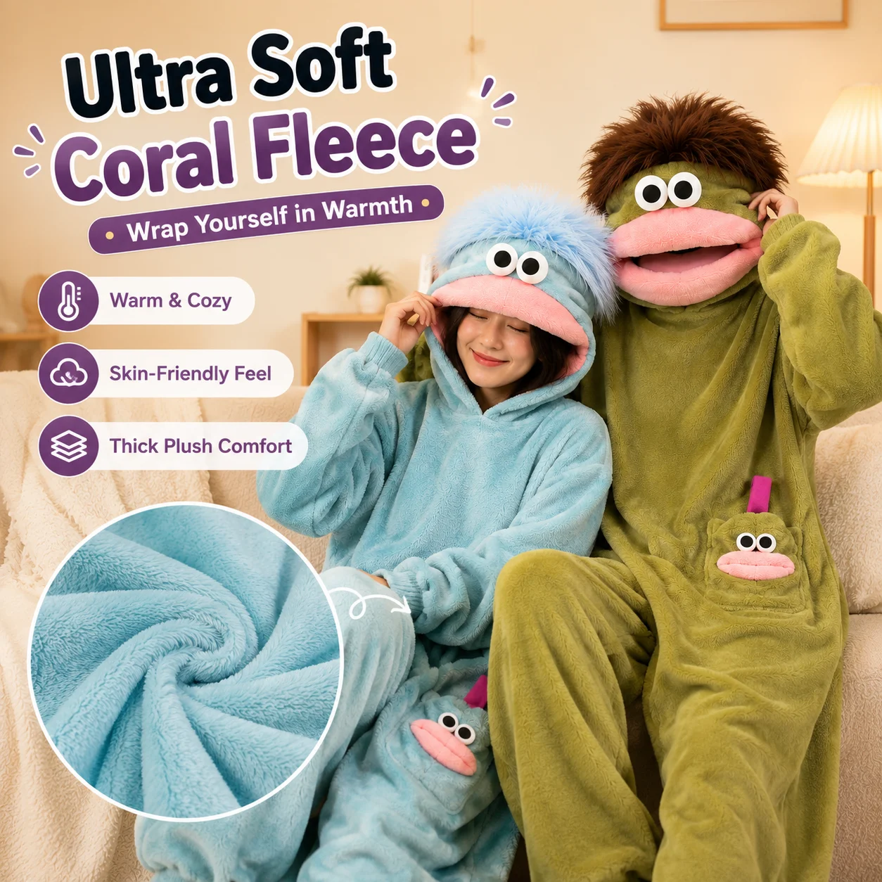 Funny Monster Adult Onesie Pajamas Plush Coral Fleece Big Mouth Costume Warm Winter Loungewear for Couples and Friends