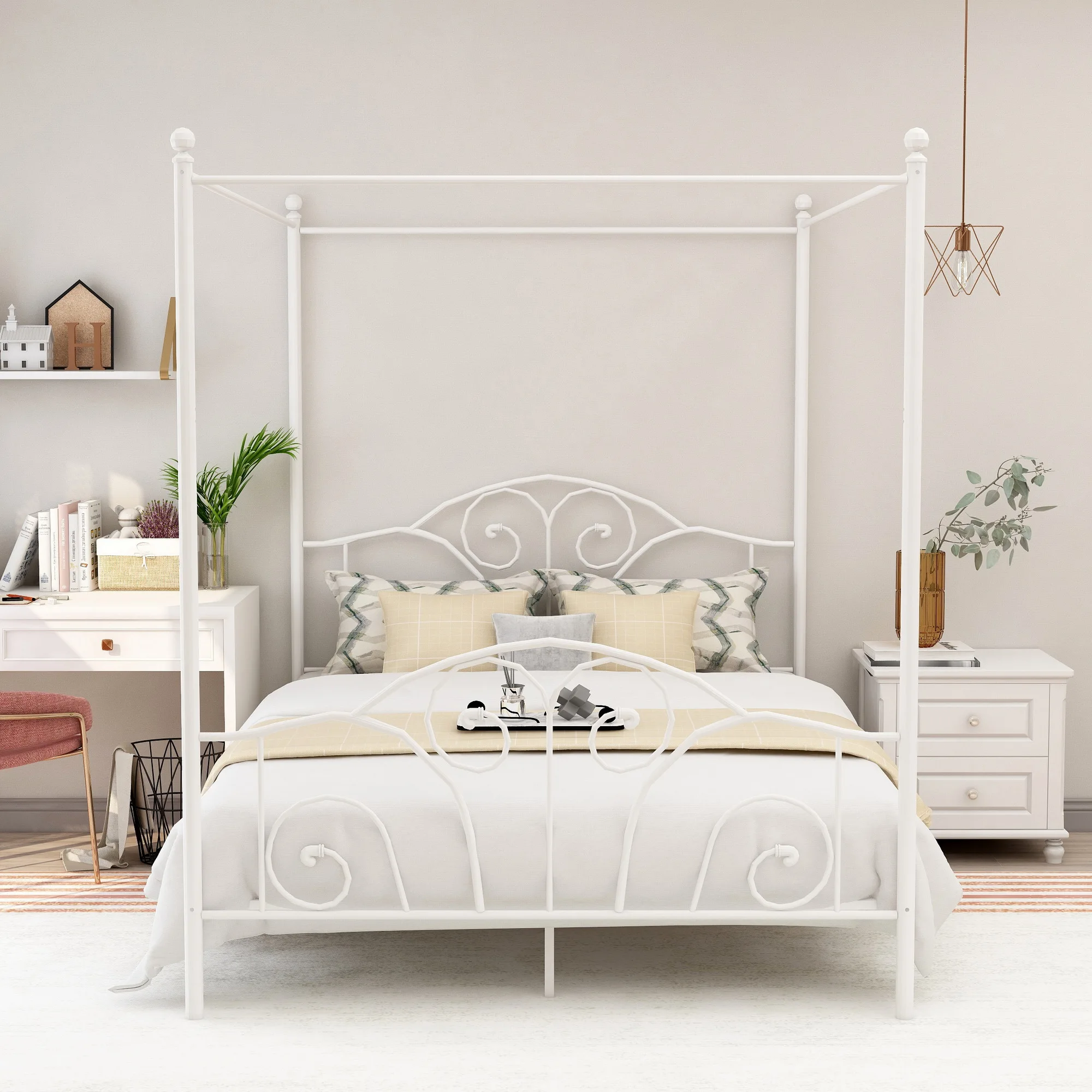 Four-Poster Metal Canopy Bed Frame with Headboard and Footboard Sturdy Slatted Structure No Box Spring Needed