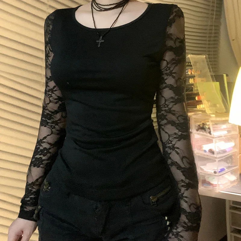 

Black Sexy Slim Lace Spliced Women’s Tops Sheer Backless Long Sleeve Blouses Autumn High Fashion