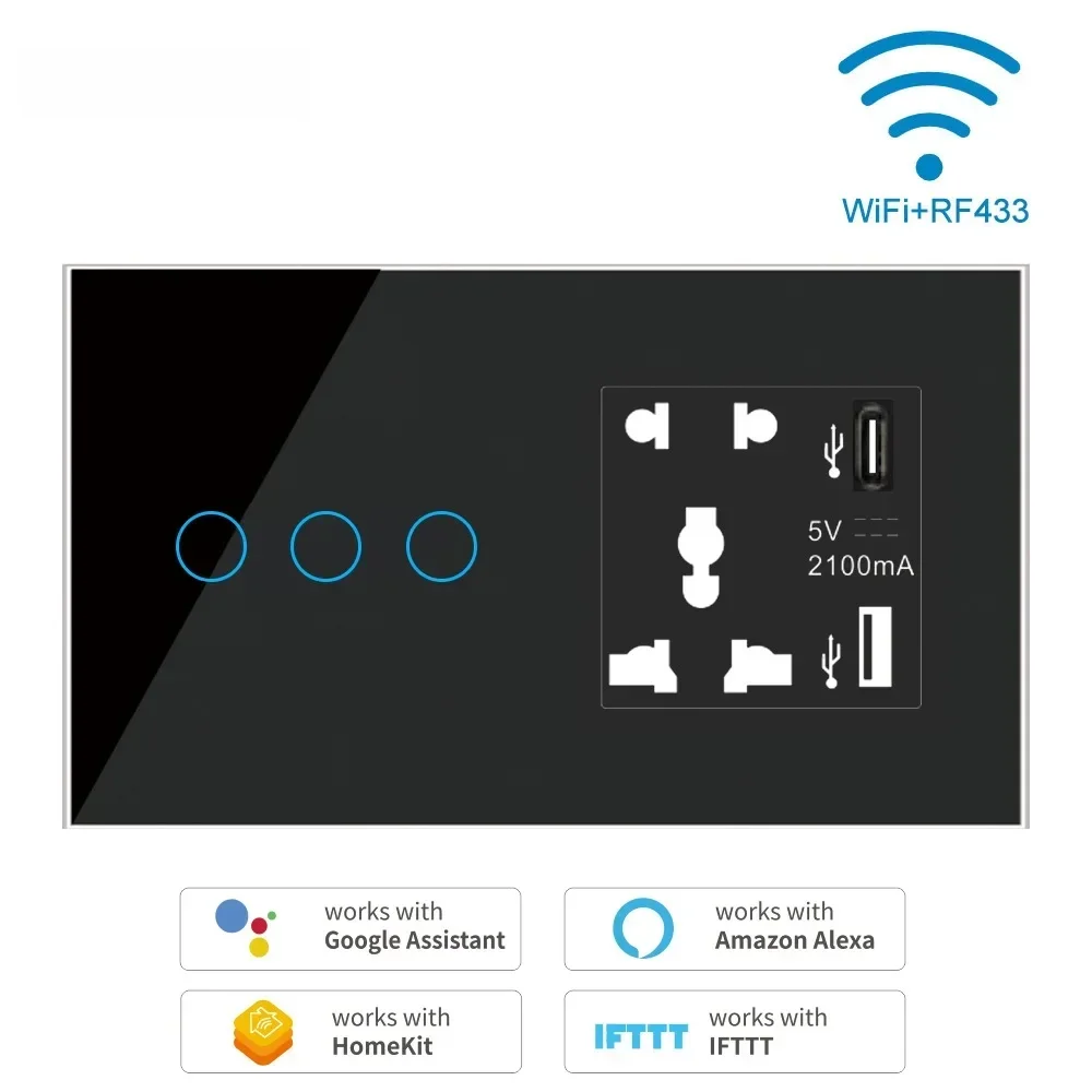 TS Smart Switch WiFi Tuya Zigbee Smart Switch Panel Smart Wall Touch Switch with Five-hole Socket USB + C  Smart Light Switch