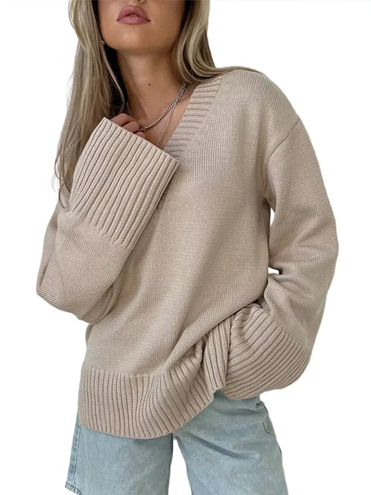 

2025 New Fashion Knitted Sweater Women Casual Solid V-neck Full Sleeve Patchwork Top Lady Autumn Chic Casual Holiday Streetwear