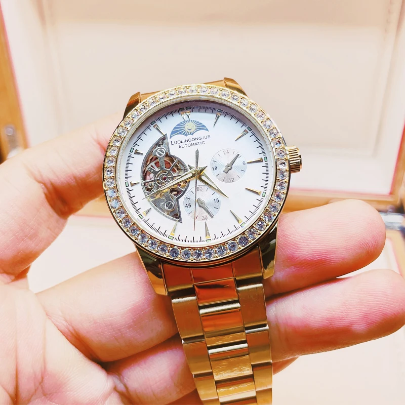 High-End Luxury Men's Automatic Mechanical Watch—Stainless Steel Strap, Diamond-Encrusted Bezel, Skeleton Dial, Luminous Hands, Decorative Sub-Dial, Waterproof Business Wristwatch, Ideal Gift for Husband