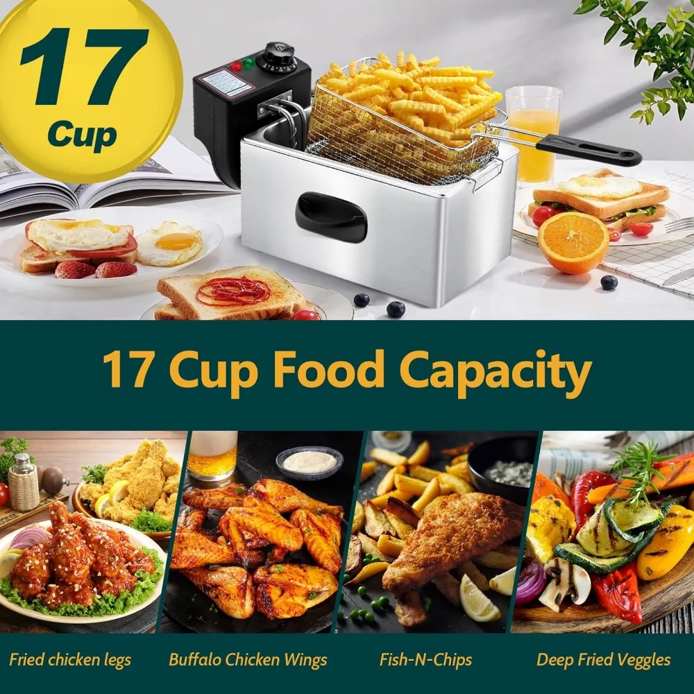 Deep Fryer with Basket, 4.2 Qt Stainless Steel Electric Deep Fryer 1650W Oil Fryer Pot with Temperature Control Cool Touch Sides