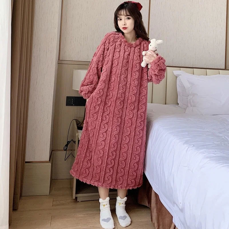 

Autumn Winter Thick Warm Flannel Long Sleeve Loose Nightgowns Women Coral Velvet Sleepwear Nightdress Nighty Home Clothes F93