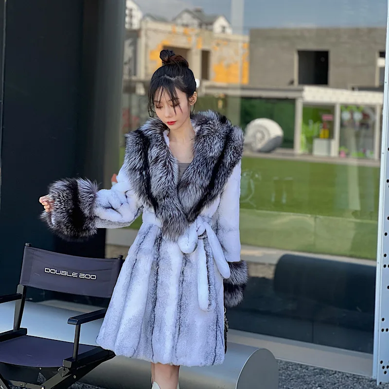 

2023 Winter Women Real Rex Rabbit Fur Coats With Fox Lapel Collar Natural Medium Whole Skin Genuine Jackets Overcoat Luxury