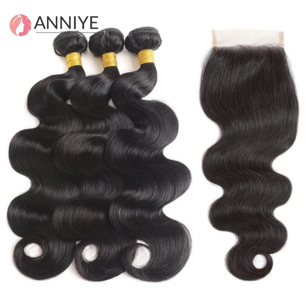 Paquets de vague de corps avec fermeture 4x4 tissage de cheveux 3 paquets avec fermeture à lacets 100% Extensions de cheveux humains avec fermeture à lacets