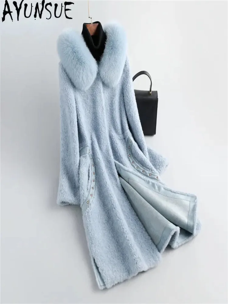 Elegant Sheep Shearing Jacket For Women 100% Wool Coats Women's Clothing Hooded Fur Coat Mid-length Jackets Fox Collar