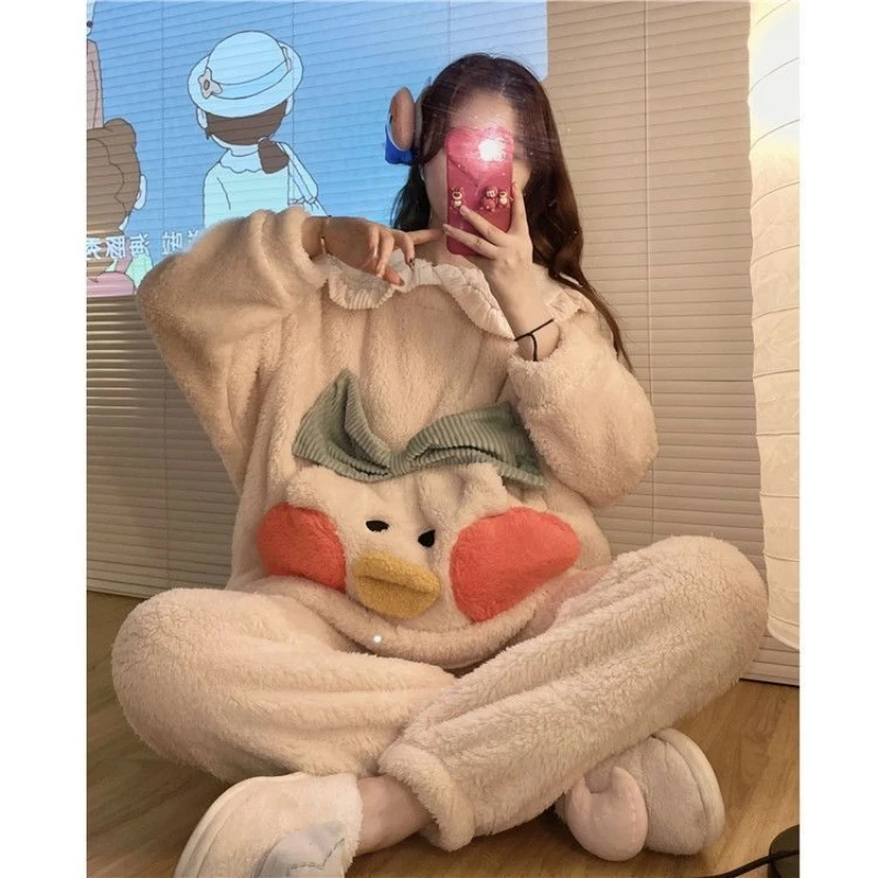 Cute doll collar duck coral velvet pajamas women winter thickened sweet pocket flannel home clothes two-piece set aesthetic chic