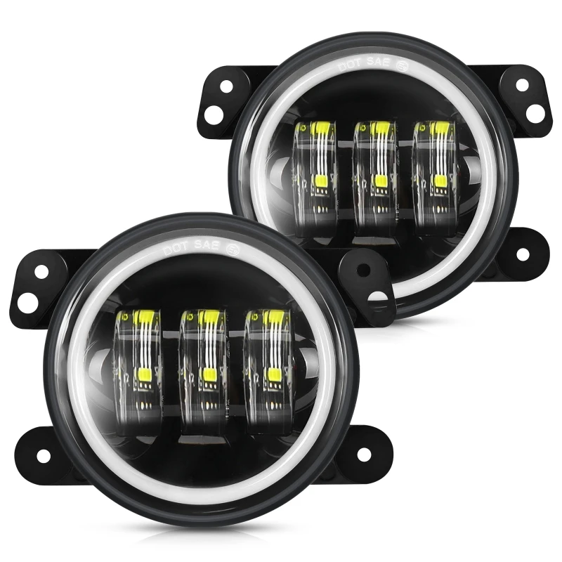 4 Inch LED Round Fog Lights Day Running Light + Turn Signal Light with Angle Eyes for Jeep Wrangler JK 2007-2018