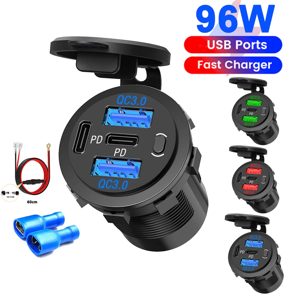 96W Quick Charger Dual QC3.0 PD 4 Ports USB Car Charger with Switch Button for 12V/24V Car Marine Boats Truck Motorcycle