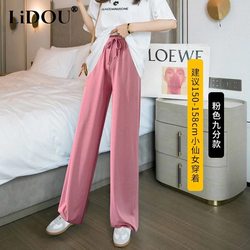 

Spring Summer New Printing Turtleneck Bow Elastic Waist Wide Leg Trousers Women Elastic Waist Drawstring All-match Long Pants