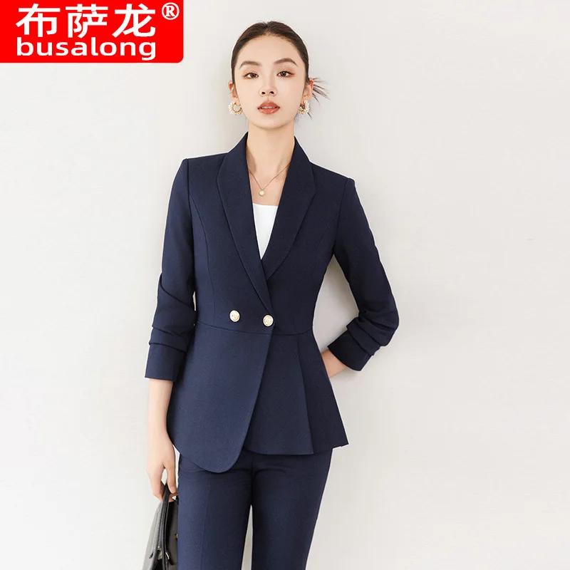 2025New Autumn Winter Gray Long Sleeve Blazer Jacket and Long Pants Two-Piece Set for Women Professional Commuting