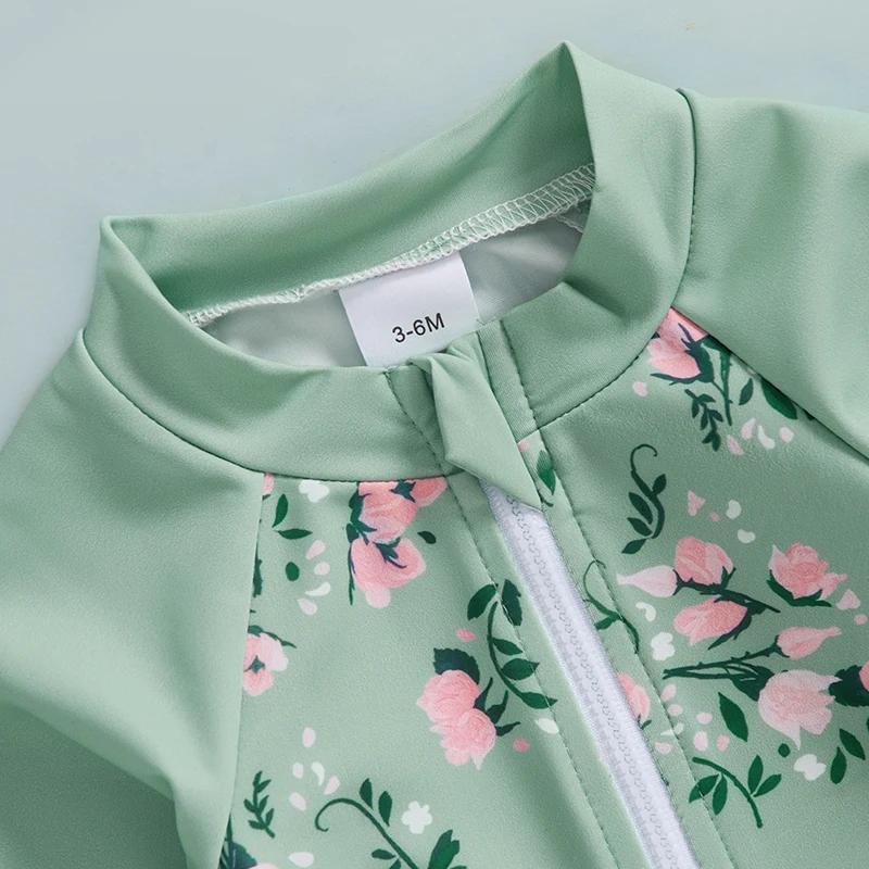 

Baby Girl Swimsuit Ruffle Sleeve Floral Print Swimwear with UPF 50 Sun Protection and Matching Hat