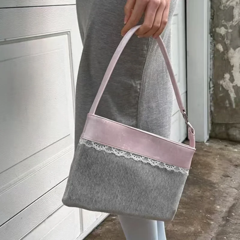 

Высококачественная универсальная сумка с кружевной отделкой, розово-серая, в стиле пэчворк, квадратная, на магнитной застежке, корейская, стильная, для повседневного использования и свиданий