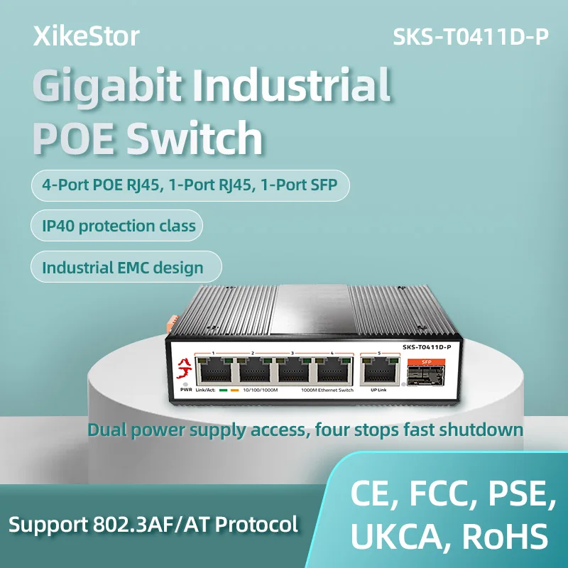 

XikeStor Industrial Grade 1000M Network 4 Ports 1G POE RJ45 Port 1Slot SFP IP40 Protective Shell industrial EMC Design