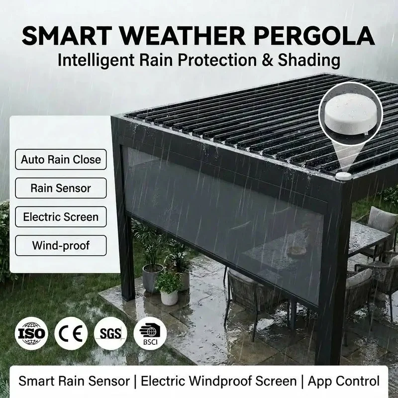 Modern Motorized Louvered Aluminum Pergola Integrated LED Strip Lights-Standing Heater Balcony Residential Deck Lounge