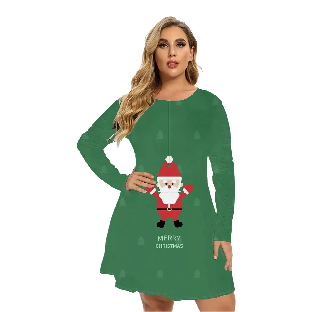 Śmieszna Śliczna Świąteczna Damska Sukienka Z Długim Rękawem Zimowa Impreza Świąteczna Sukienka A-Line Casual Santa Claus Loose Plus Size Dress