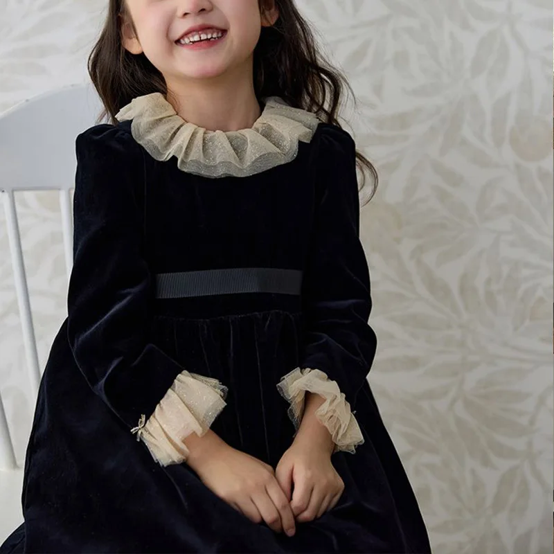 Girls French Velvet Princess Dress 2024 Autumn and Winter New Style Children's Baby French Retro Daily Children's Dress