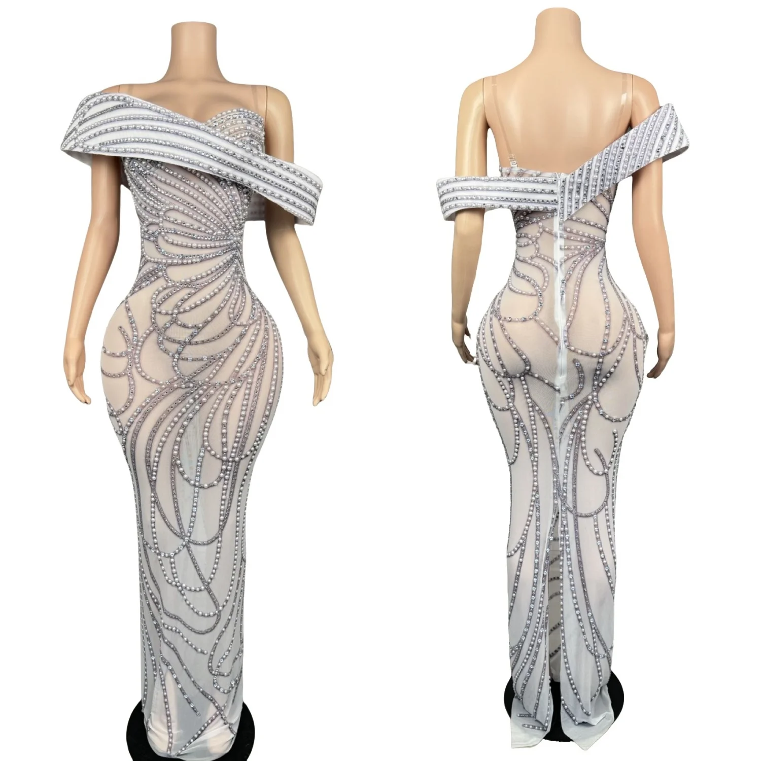 

Luxury Rhinestones Pearls Long Dresses Women Sexy See Through Mesh Prom Celebrate Birthday Evening Dress Photo Shoot Wear Moli