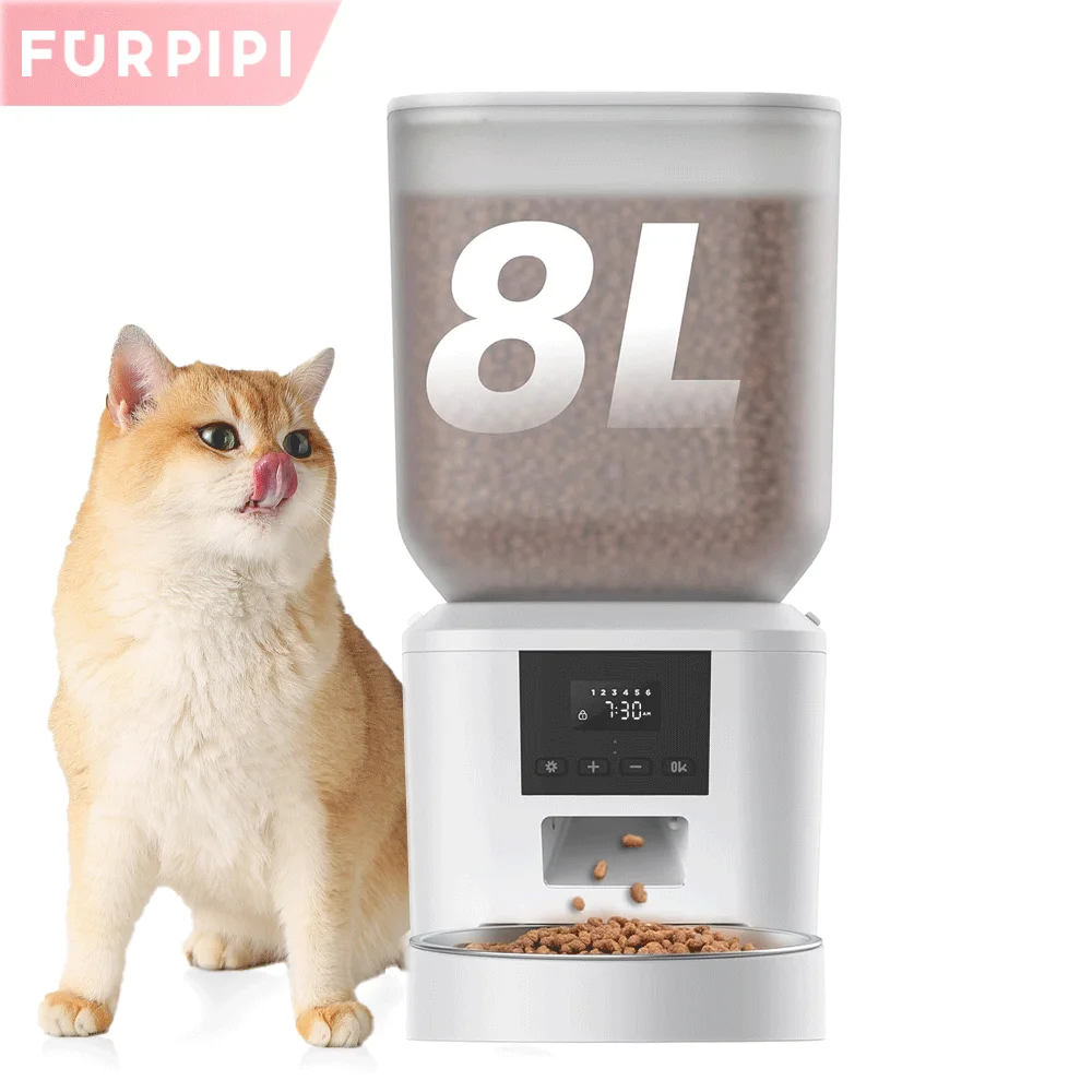 

Furpipi Automatic Cat Feeders with Key Contol SUS ABS 8L Large Capacity Pet Smart Feeder Automatic Cat Dog Food Dispenser
