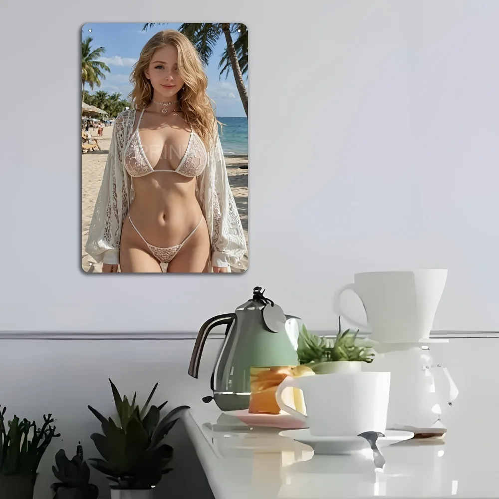 Blonde Bikini Curvy Girl Sexy Model Photo Art ,2D Flat Tin Sign, Metal Wall Decor for Kitchen Bedroom Bar Office, Unframed Gift view 5