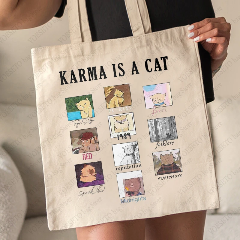 Karma Is A Cat Pattern Totes Kawaii Cat Graphic Canvas Tote Bag Large Capacity Reusable Aesthetic Shopper Handbags for Women