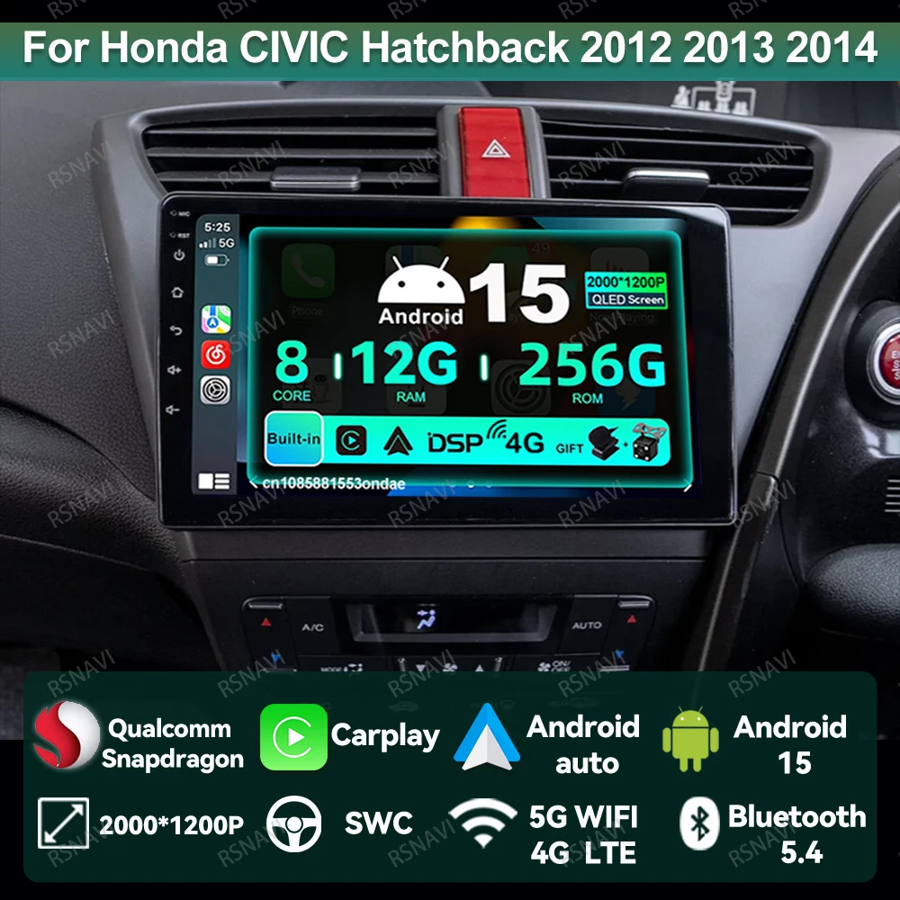 

Car Radio Android 15 For Honda CIVIC Hatchback 2012 2013 2014 2015 2016 2017 BT Navigation QLED DVD Multimedia Qualcomm DSP GPS