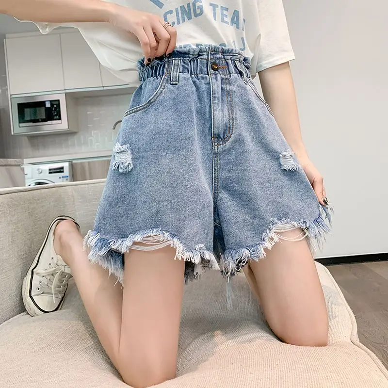 Large Size Perforated Denim Shorts for Women\'s Summer A-line Wide Leg Loose High Waist Slimming Fashion Shorts